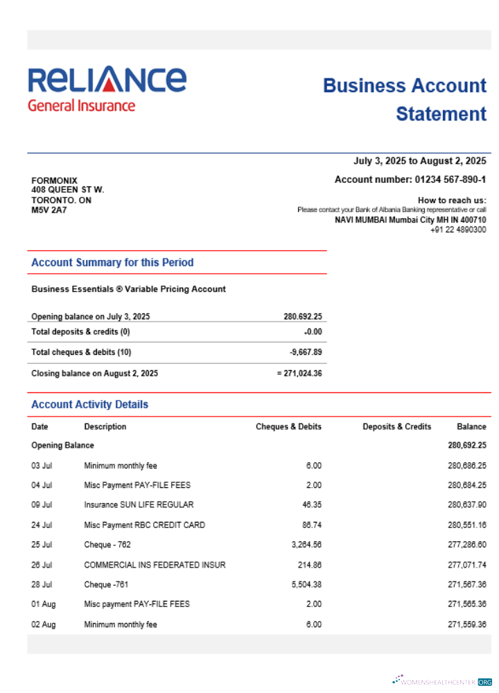 Reliance General Insurance Company Limited organization checking account statement Word and PDF format